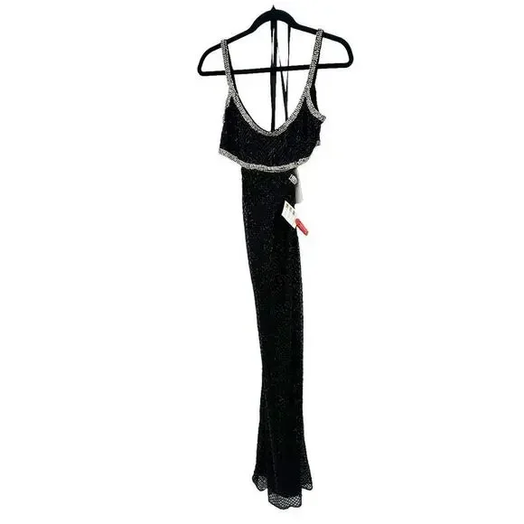 Mac Duggal Beaded Open Back Cut- Out Back Slit Gown Prom Dress Black Size 6 NWT